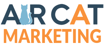 Air Cat logo featuring a blue cat silhouette and the text 'AIRCAT' in blue, orange, and white